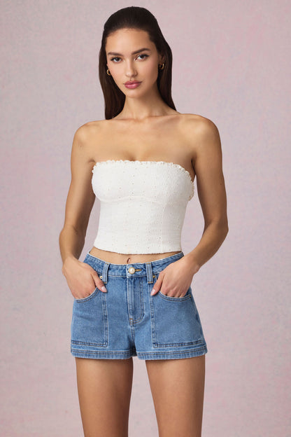 High-Waist A-Line Shorts in Mid-Blue Wash
