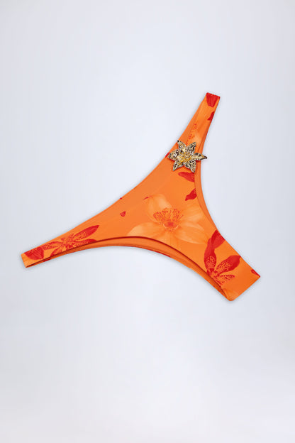 Hardware-Detail Cheeky Bikini Bottoms in Orange Orchid Print