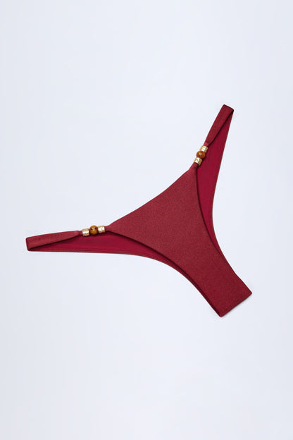 Bead-Embellished Cheeky Bikini Bottoms in Dark Cherry
