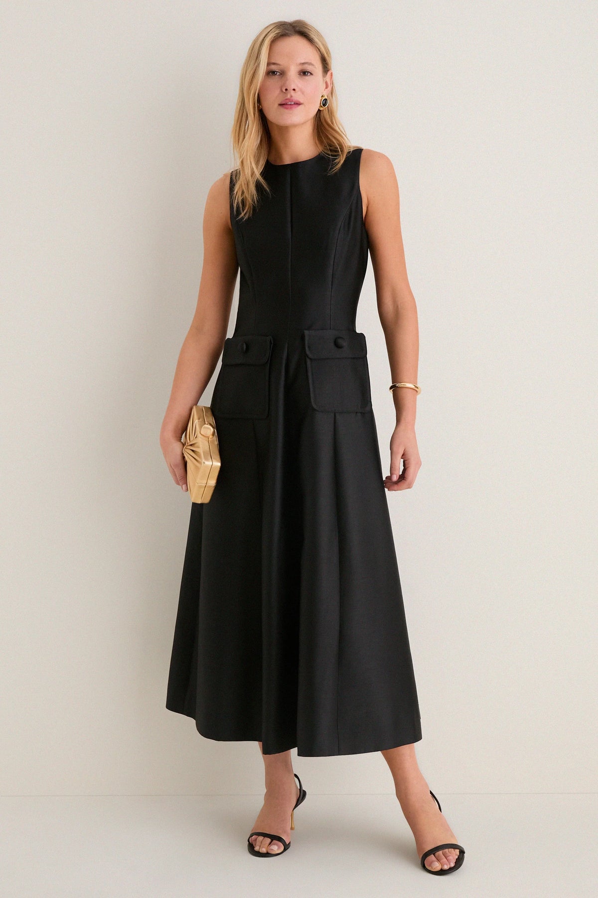 Black Dupioni Helene Midi Dress
