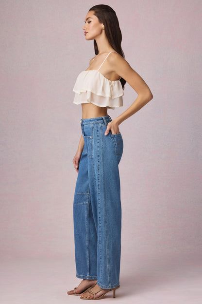 Mid-Rise Barrel-Leg Jeans in Mid-Blue Wash