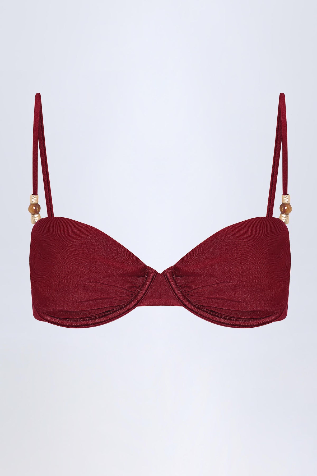 Bead-Embellished Ruched Underwired Bikini Top in Dark Cherry