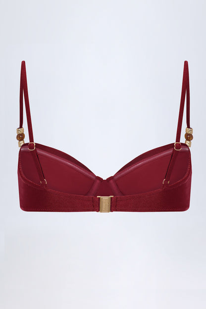 Bead-Embellished Ruched Underwired Bikini Top in Dark Cherry