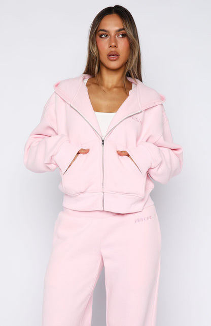 Come A Long Way Boxy Zip Front Hoodie Pink
