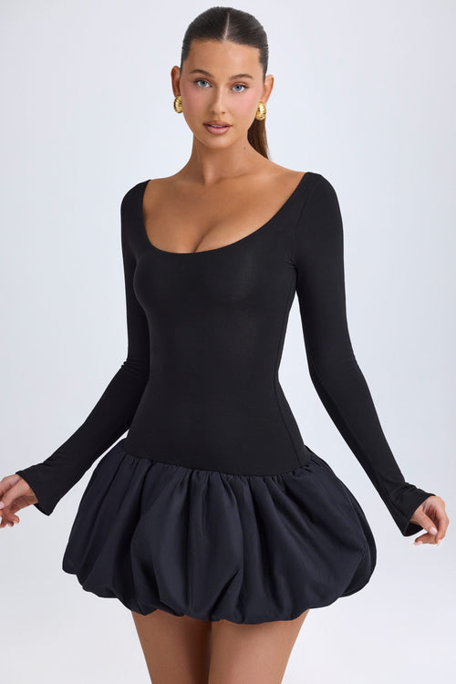 Modal Scoop-Neck Drop-Waist Bubble Hem Mini Dress in Black