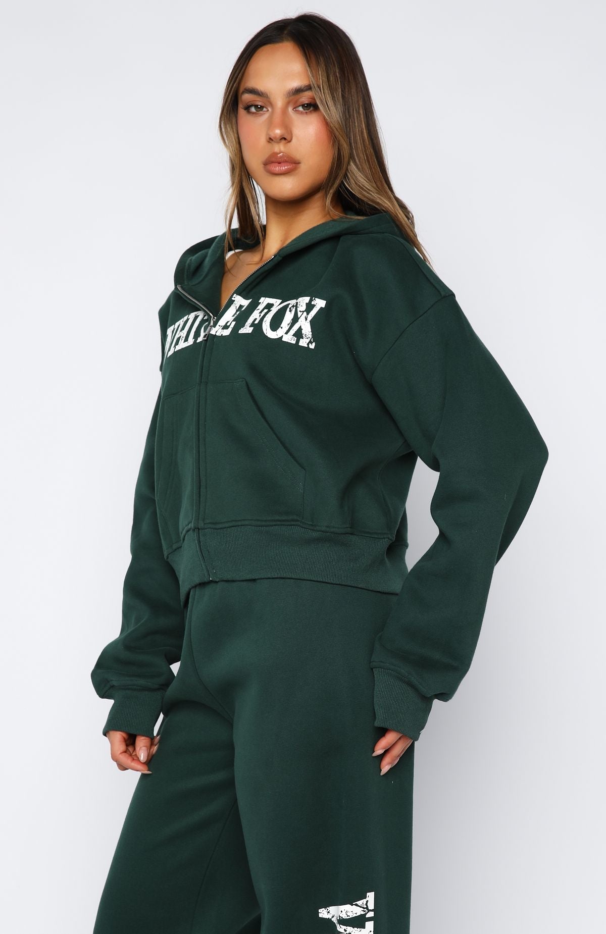 Brand New Start Boxy Zip Front Hoodie Forest Green