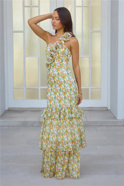 Blooming In Summer One Shoulder Maxi Dress Orange