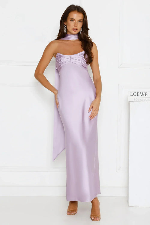 Be Noticed Strapless Satin Maxi Dress Lilac