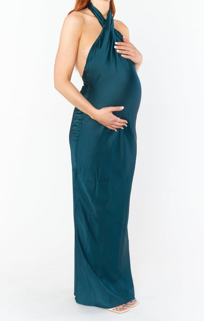Jasmine Halter Maxi Dress ~ Deep Emerald Luxe Satin