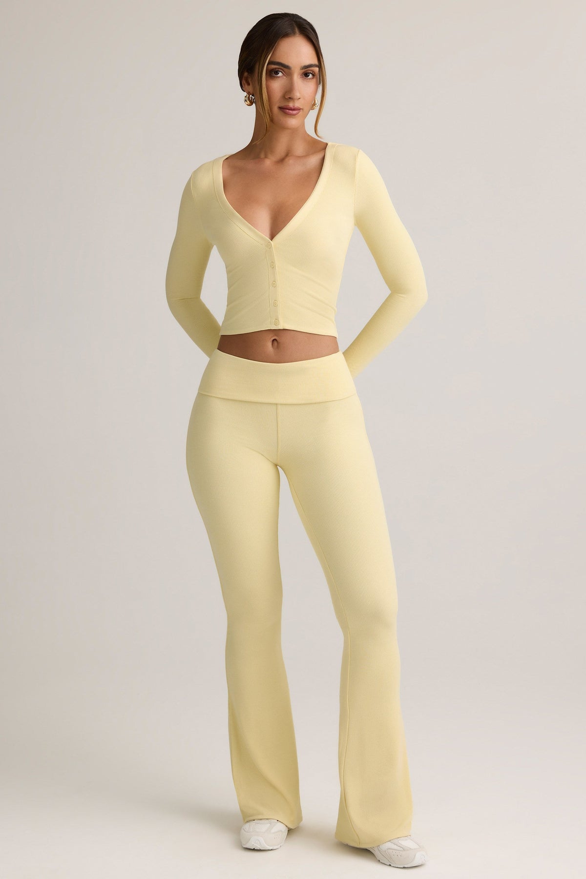Modal Ribbed Foldover Flared Trousers in Buttercream Yellow