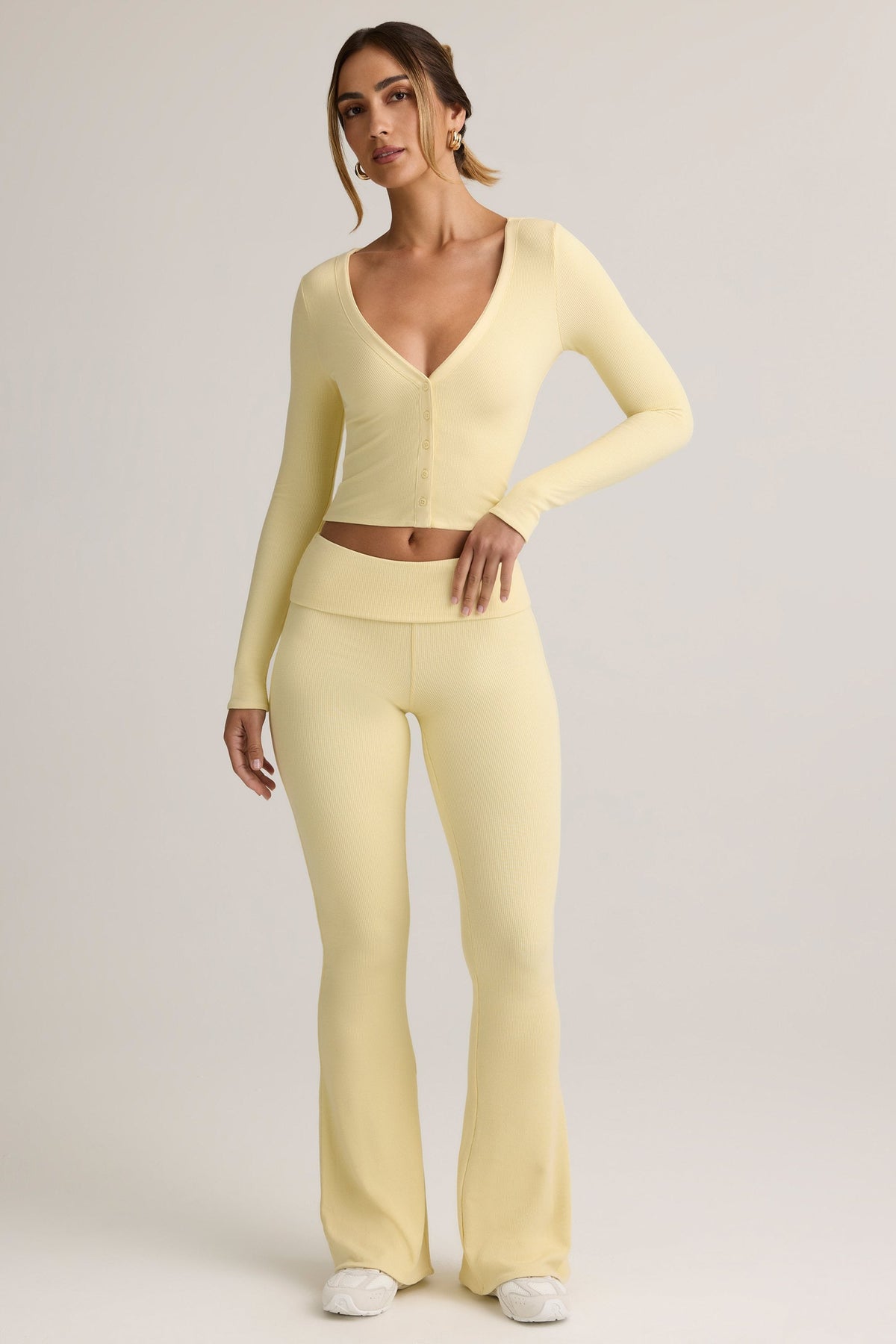Modal Ribbed Foldover Flared Trousers in Buttercream Yellow