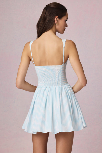 Bow-Detail A-Line Mini Dress in Powder Blue Stripe