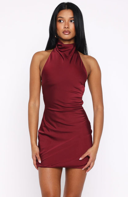 Just Small Talk Halter Mini Dress Wine