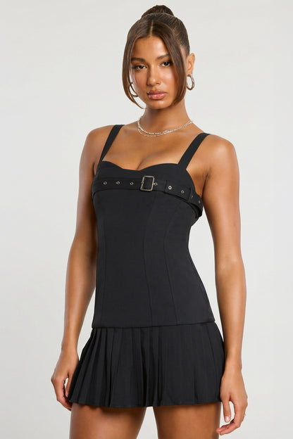 Brushed Twill Drop Waist Kilt Mini Dress in Black