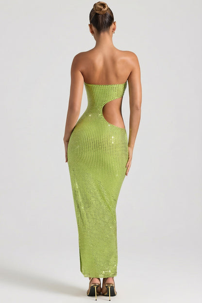 Embellished Cut-Out Bandeau Maxi Dress in Pear Green