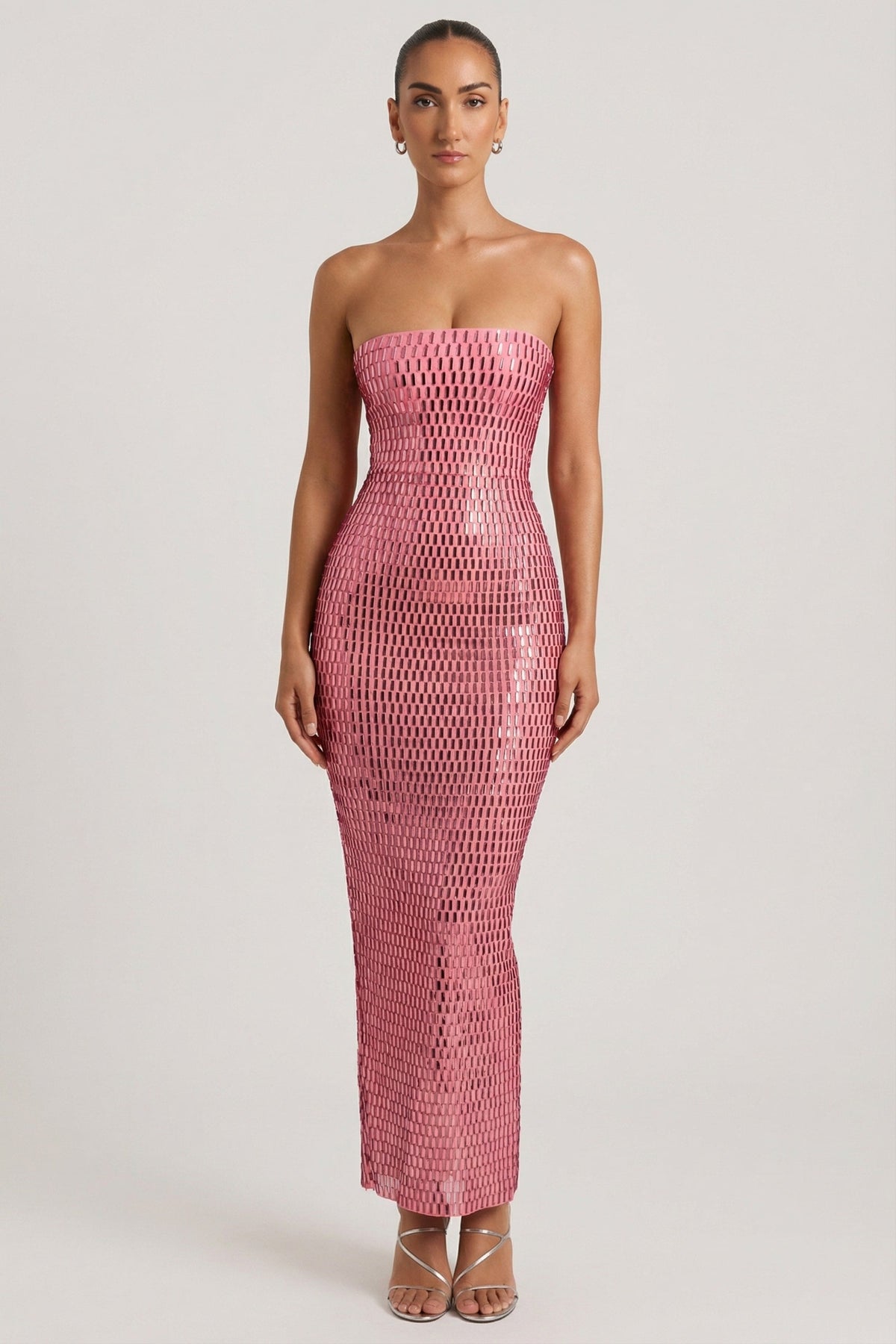 Embellished Strapless Bandeau Maxi Dress in Watermelon
