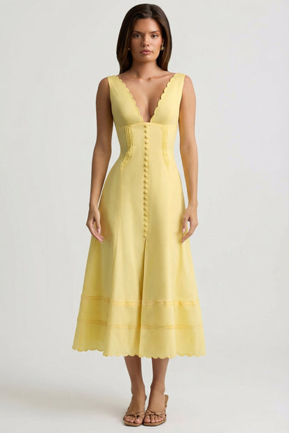Cotton-Poplin A-Line Midaxi Dress in Pastel Yellow