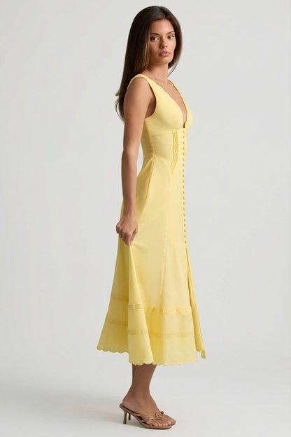 Cotton-Poplin A-Line Midaxi Dress in Pastel Yellow