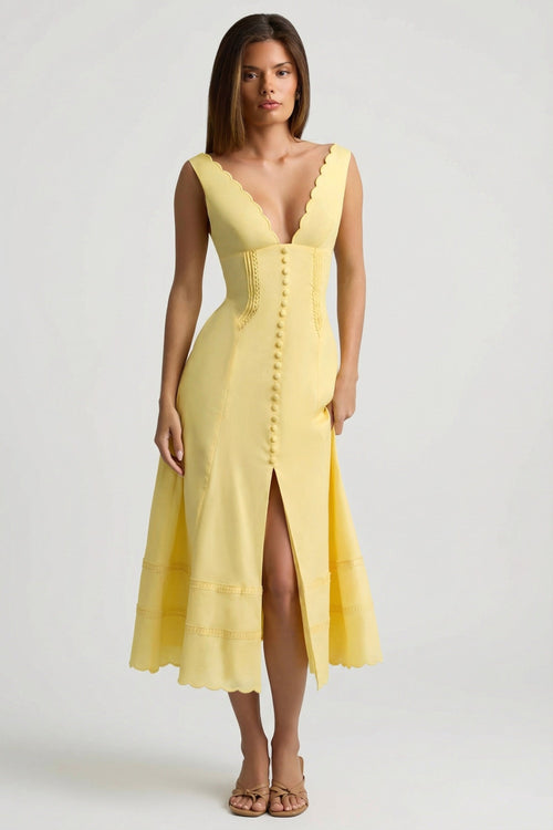 Cotton-Poplin A-Line Midaxi Dress in Pastel Yellow
