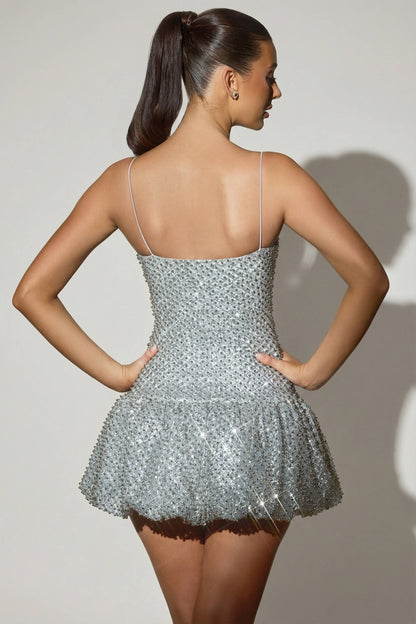 Embellished Bubble Hem Mini Dress in Silver