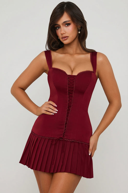 Bow-Detail Lace-Up Corset Mini Dress in Berry Red