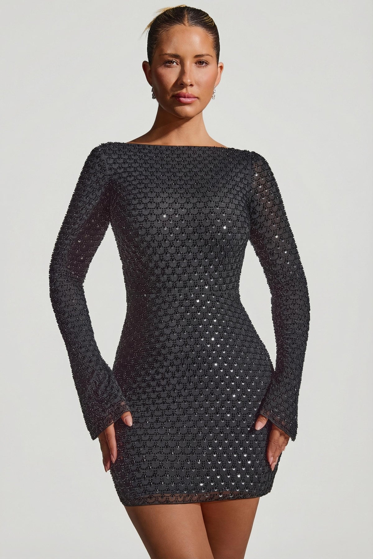 Embellished Open-Back A-Line Mini Dress in Black