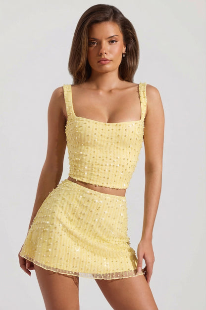 Embellished Low-Rise Mini Skirt in Yellow