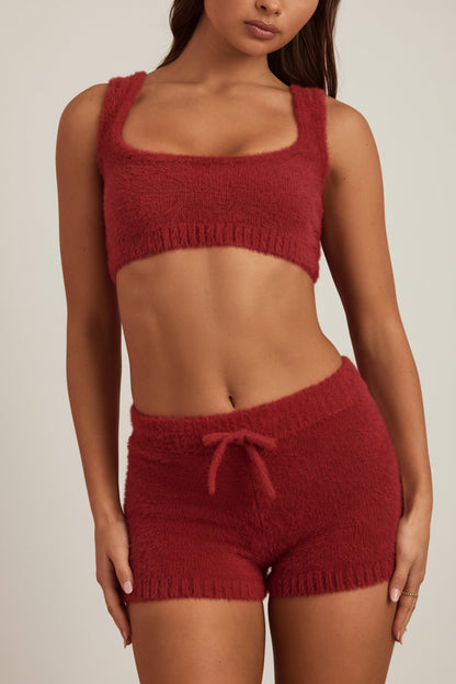Fluffy Knit Scoop-Neck Bralette in Ruby Red