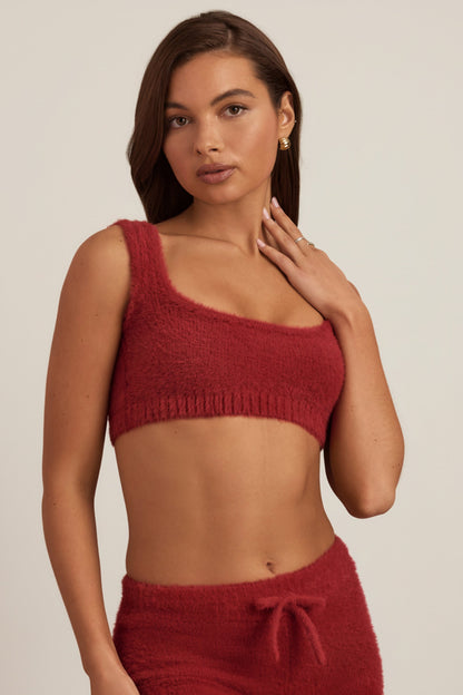 Fluffy Knit Scoop-Neck Bralette in Ruby Red