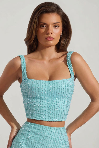 Embellished Square-Neck Crop Top in Aqua Blue