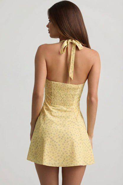 Halterneck A-Line Mini Dress in Yellow Flower Print