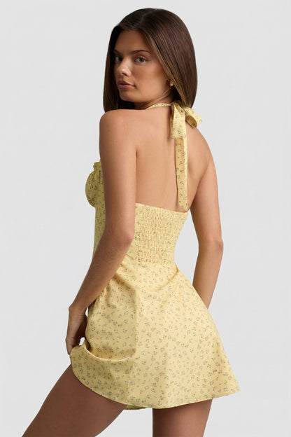 Halterneck A-Line Mini Dress in Yellow Flower Print
