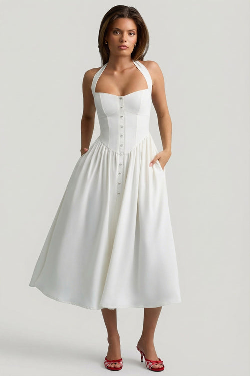 Button-Detail Halterneck Midaxi Dress in White