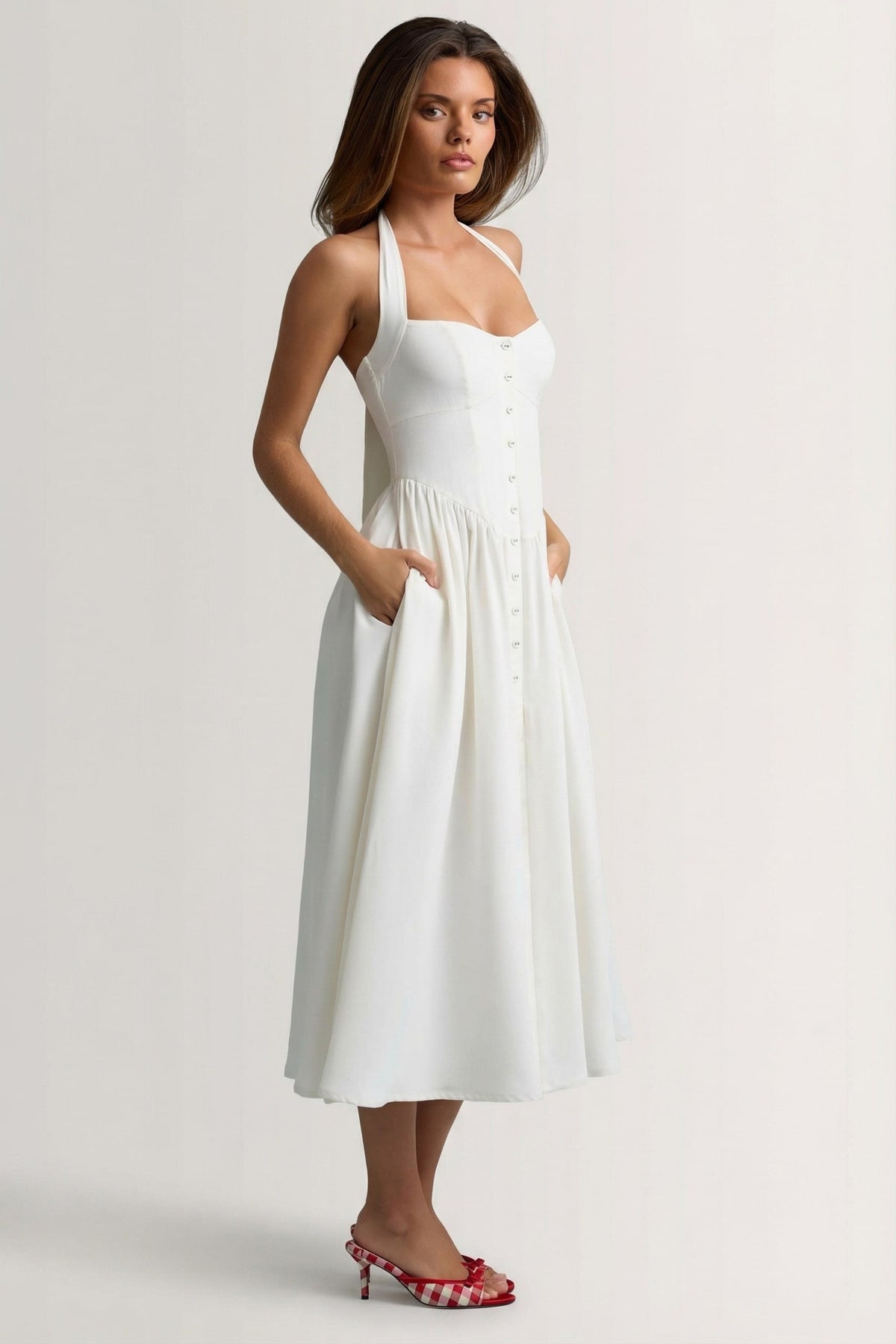 Button-Detail Halterneck Midaxi Dress in White