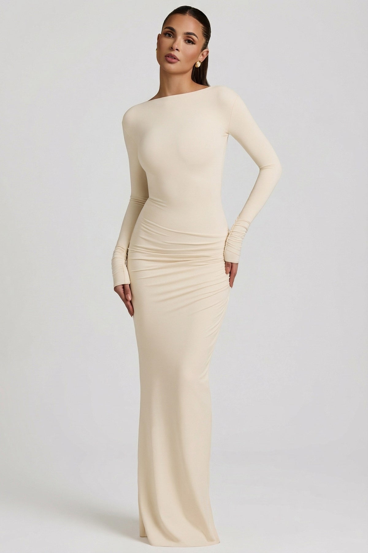 Modal Ruched Backless Maxi Dress in Ivory