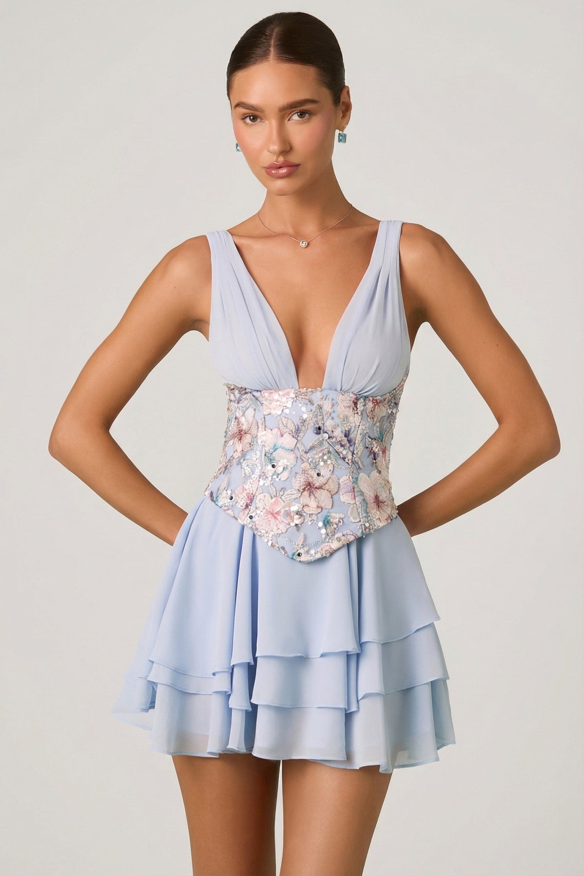Embellished Ruffled Corset Mini Dress in Floral Blue