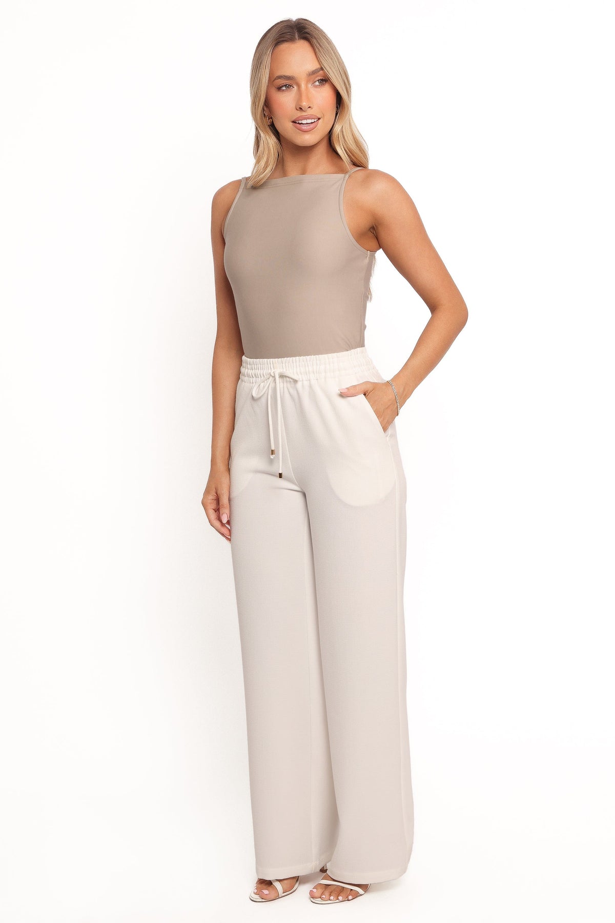 Cinch Wide Leg Crepe Pant - White