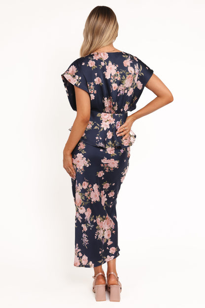 Kenna Satin Midi Skirt - Navy Floral