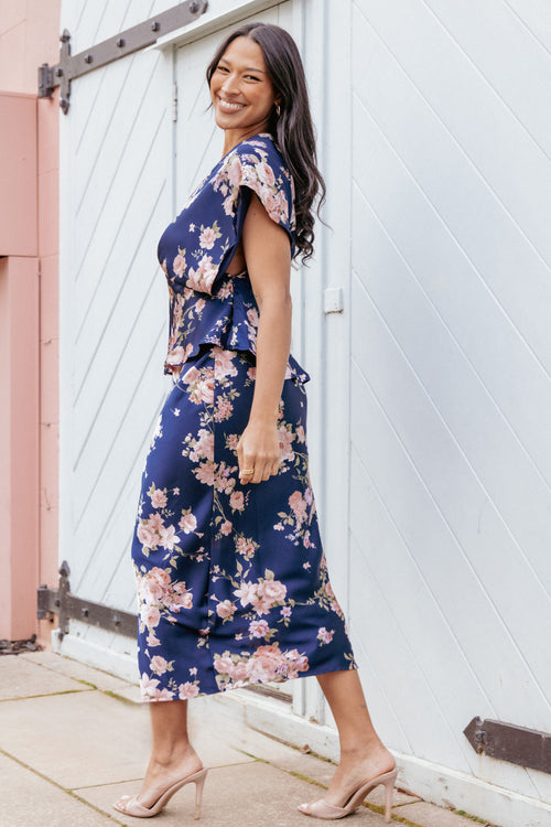 Kenna Satin Midi Skirt - Navy Floral