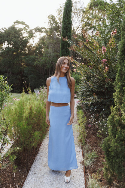 Madison Linen Column Skirt - Blue