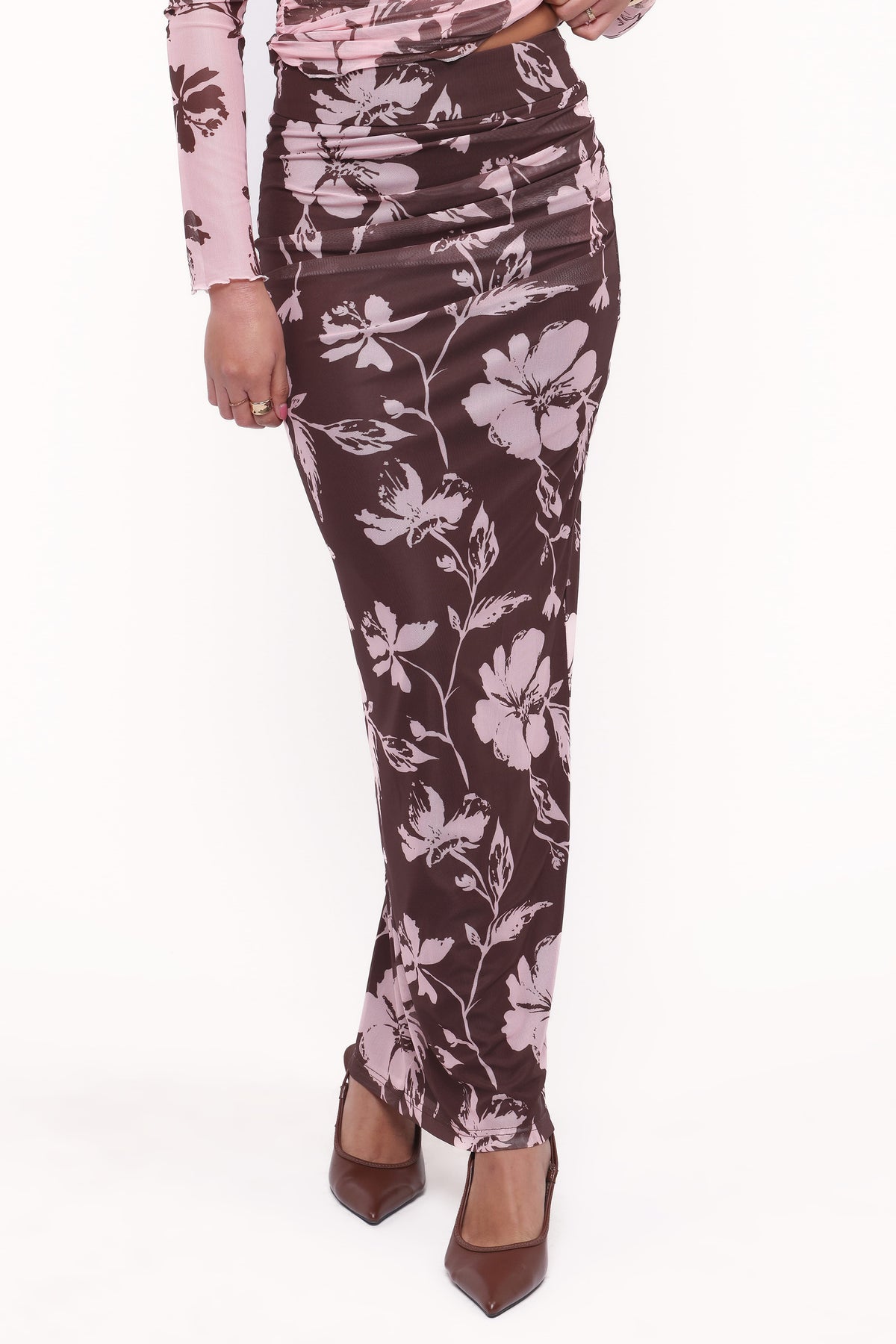 Navida Mesh Midi Skirt - Pink Brown Floral