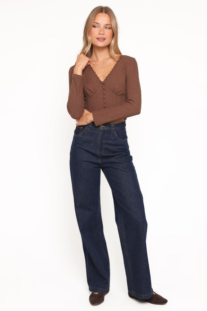Leslie Long Sleeve Textured Button Front Top - Chocolate