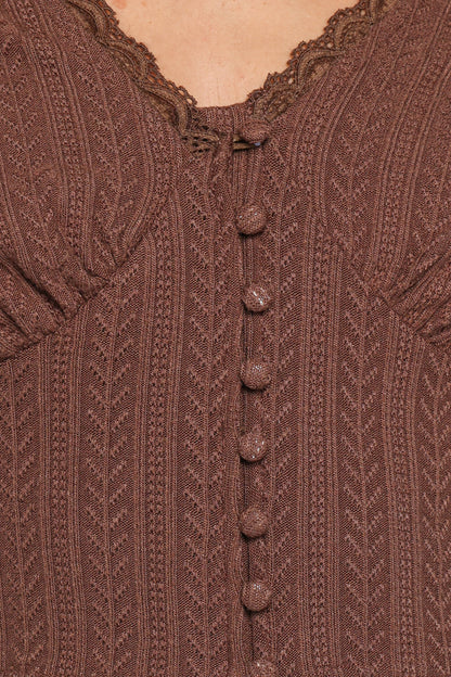 Leslie Long Sleeve Textured Button Front Top - Chocolate