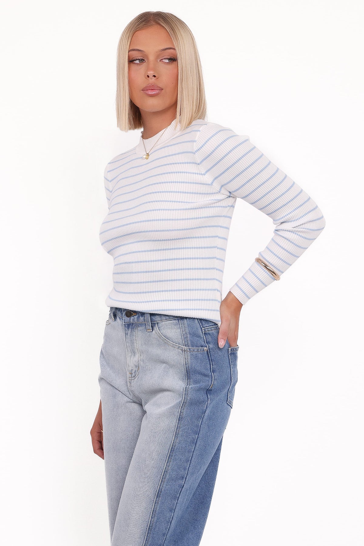 Stacie Ribbed Knit Top - Light Blue Stripe
