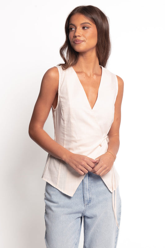 Vanni Wrap Front Linen Top - Cream
