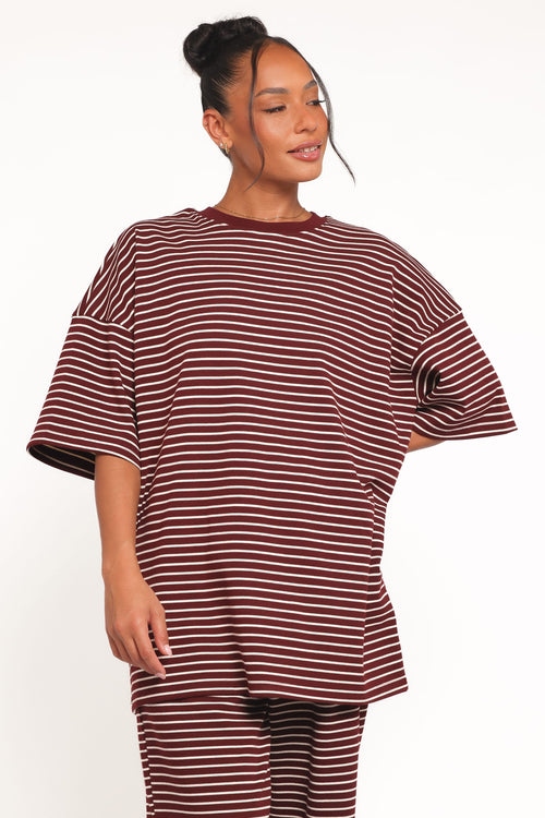 Wilda Oversized Tee - Burgundy Cream Stripe
