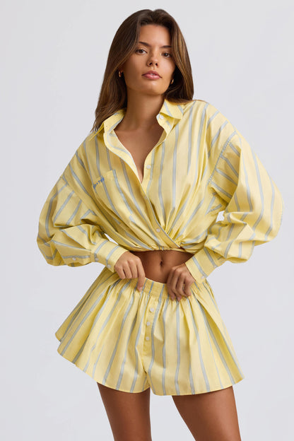 Cotton Poplin Stripe Pleated Shorts in Yellow Stripe