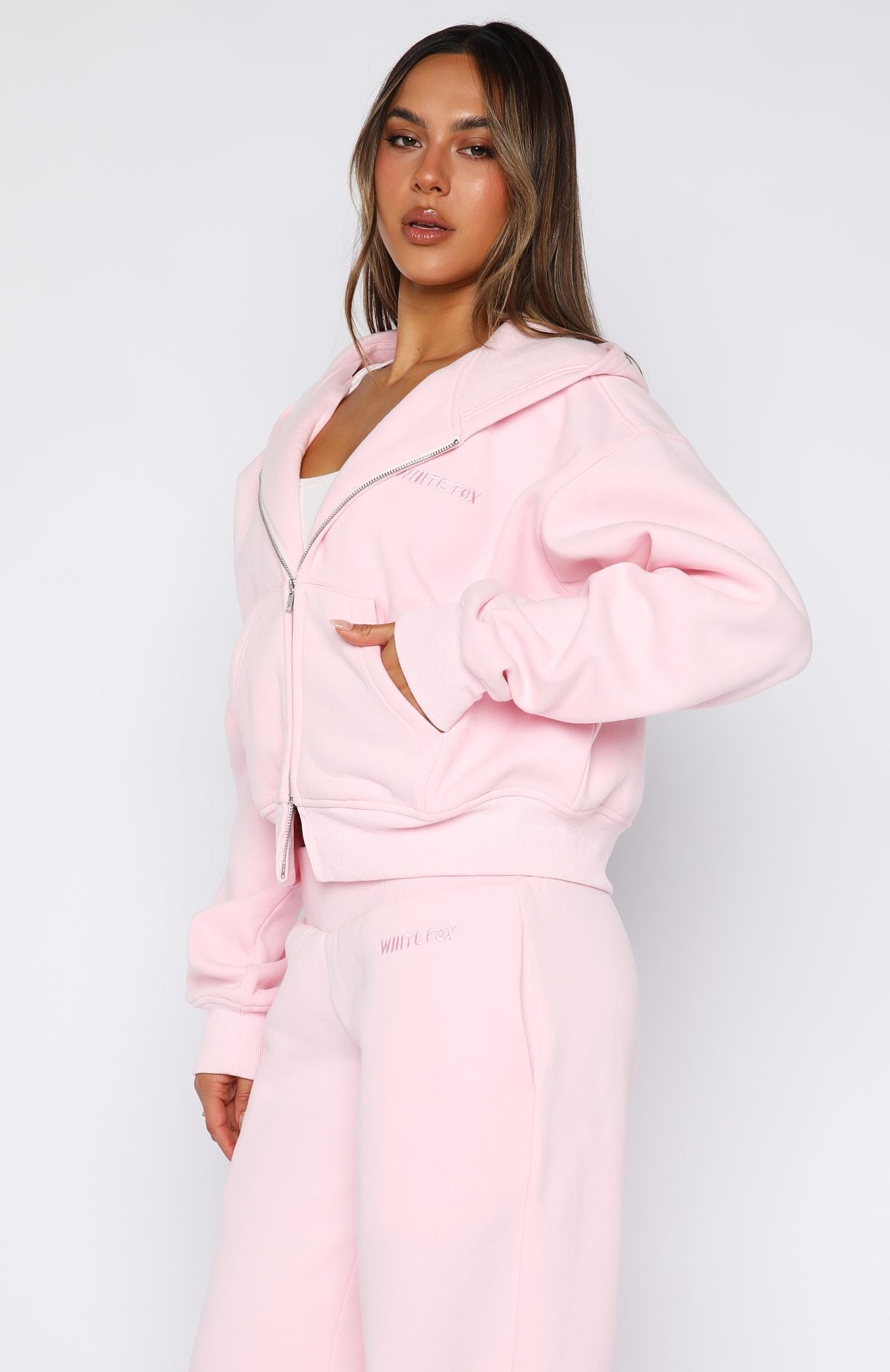 Come A Long Way Boxy Zip Front Hoodie Pink