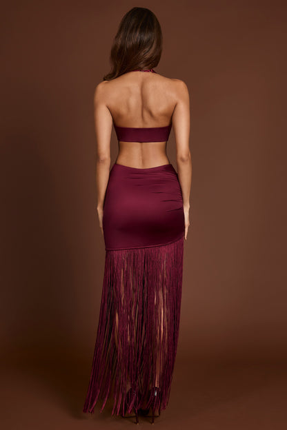 Fringed Plunge-Neck Maxi Dress in Wine Red