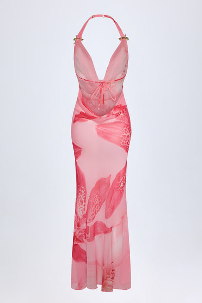 Cowl-Neck Hardware-Detail Maxi Dress in Pink Orchid Print